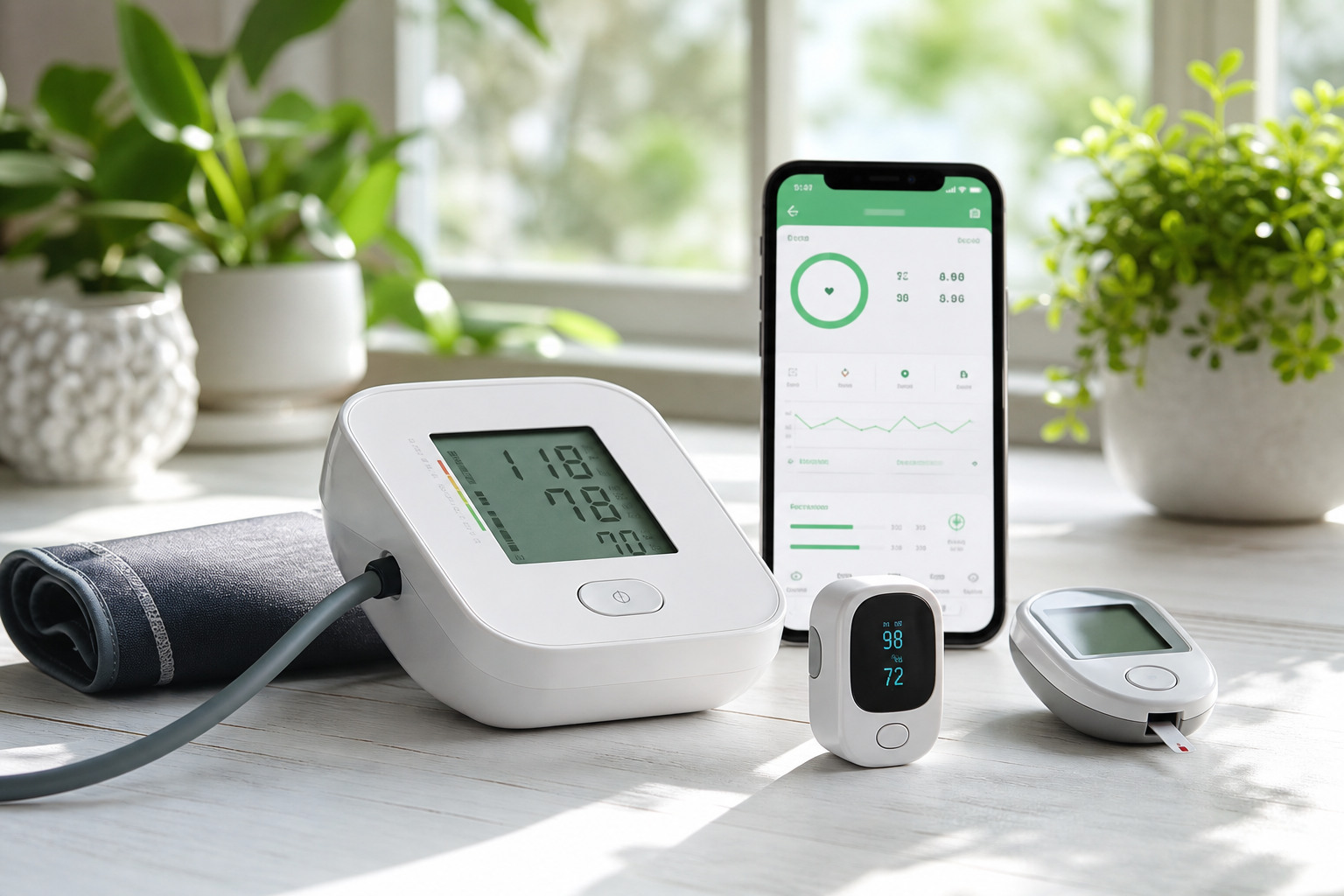 家庭健康设备与 Folink 应用界面 / Home health devices with the Folink app